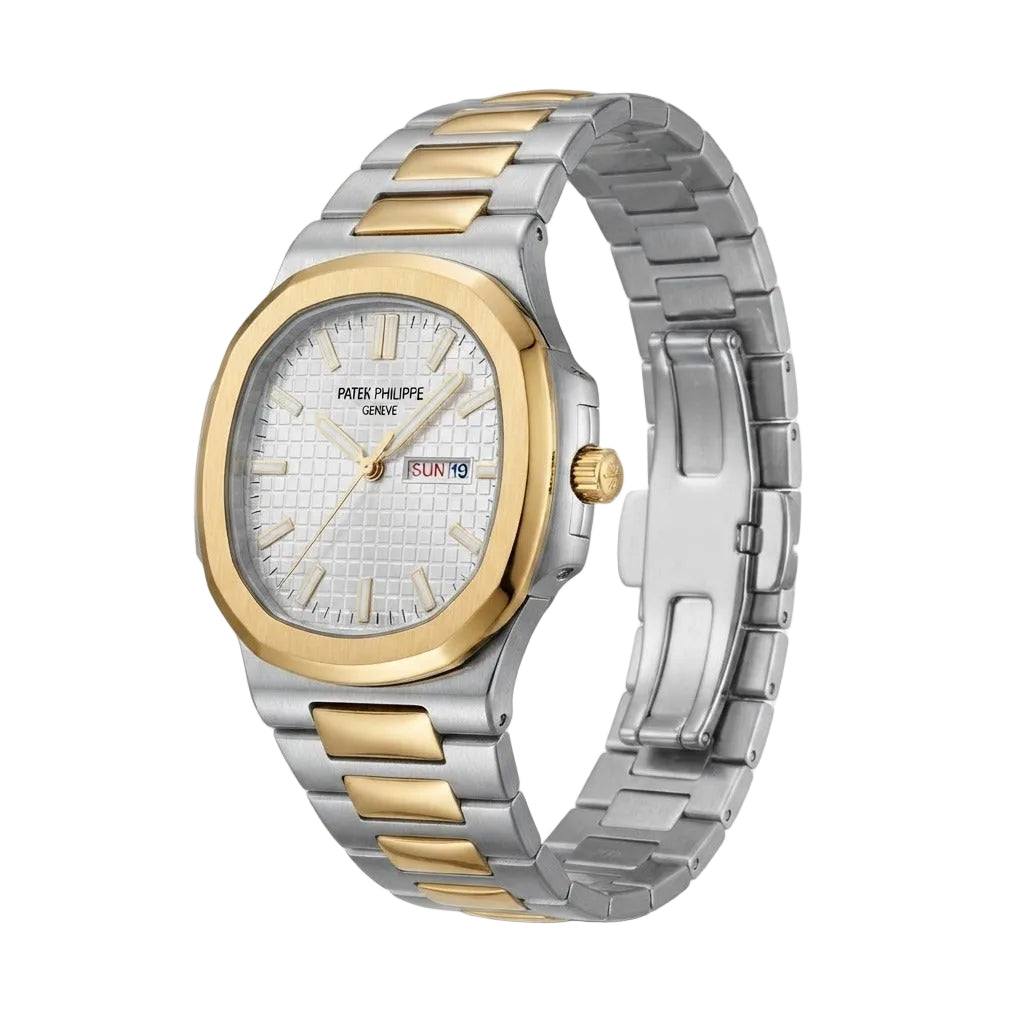 This Patek Philippe Geneve Nautilus White Waffle Dial