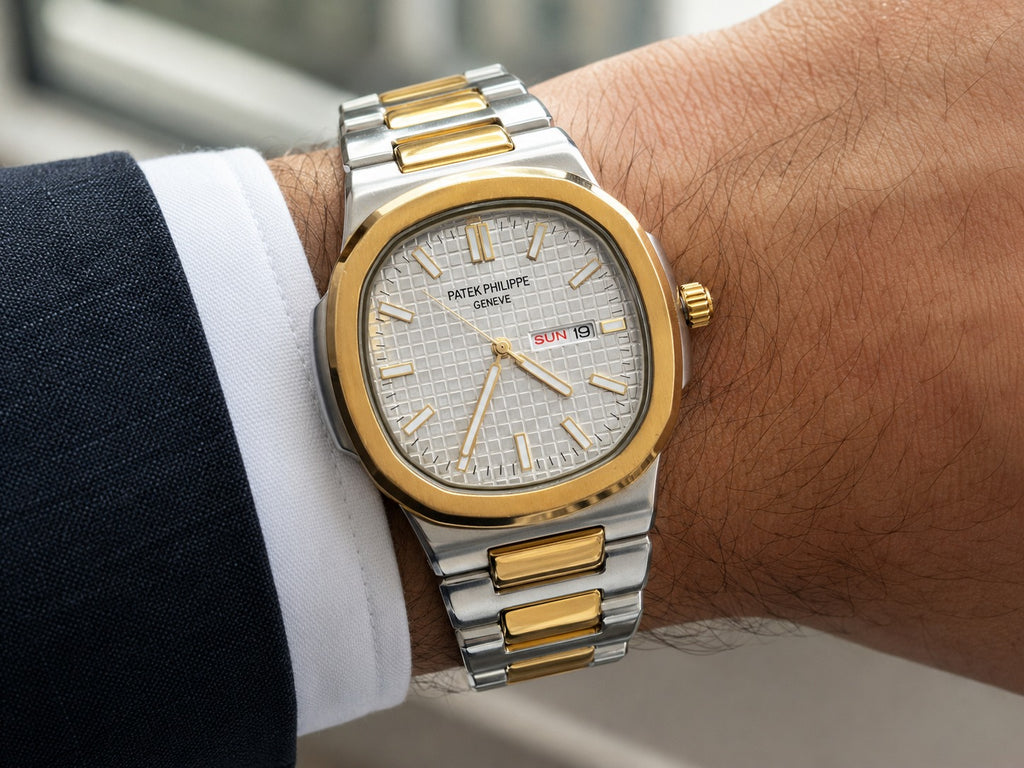 This Patek Philippe Geneve Nautilus White Waffle Dial