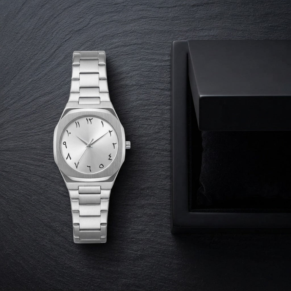 silver Arabic Aura watch